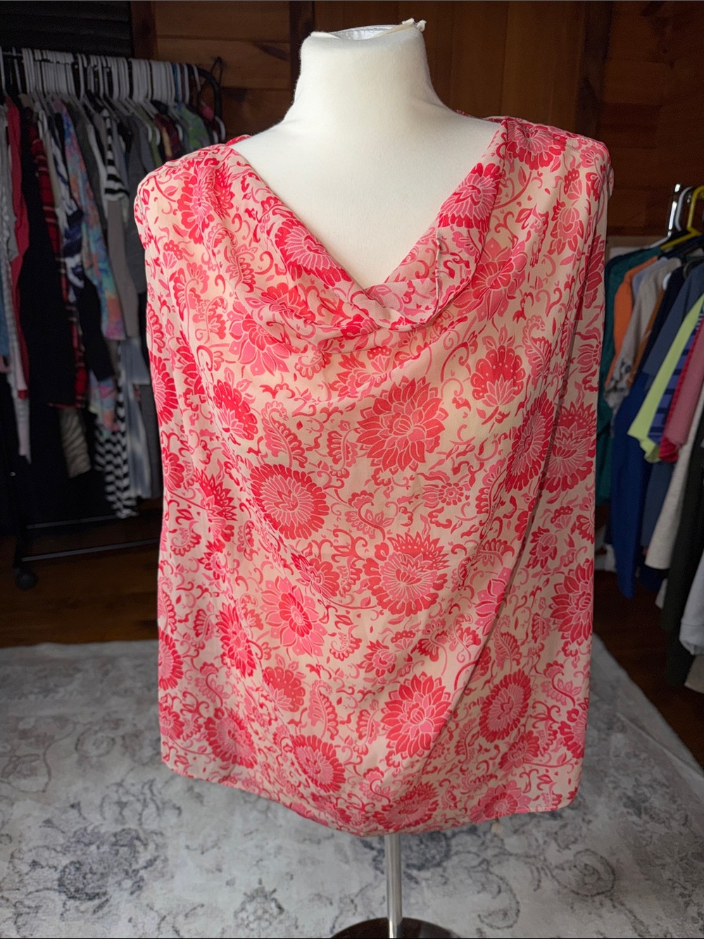 CAbi Pink Floral Cowl Neck Camisole on Cream Base
